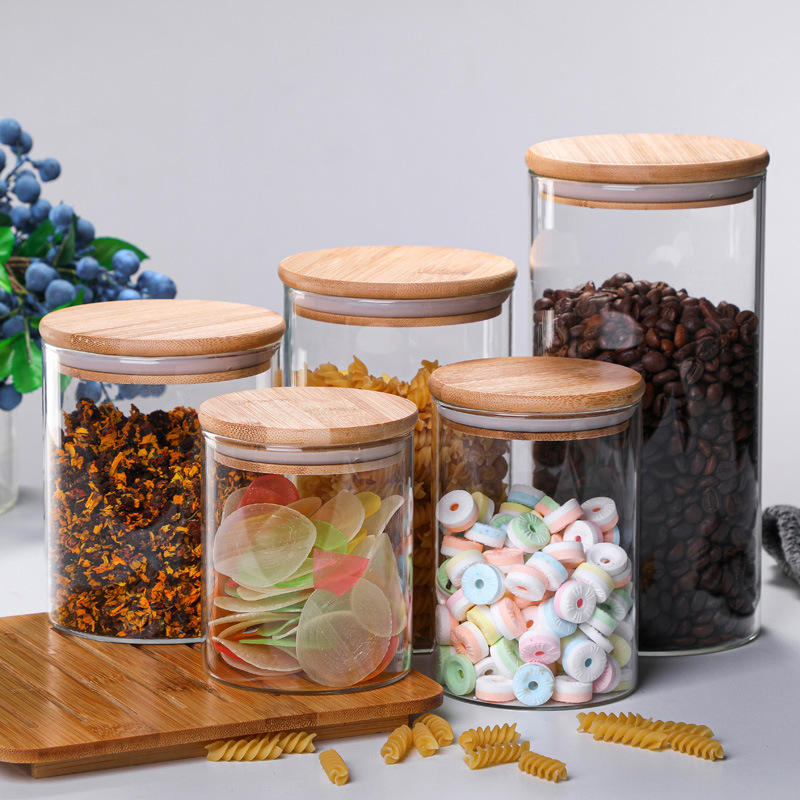 Wholesale Air-Tight Empty Kitchen Borosilicate Glass Jars Canister Container Pantry Storage Food with Bamboo Wooden Lid in Bulk