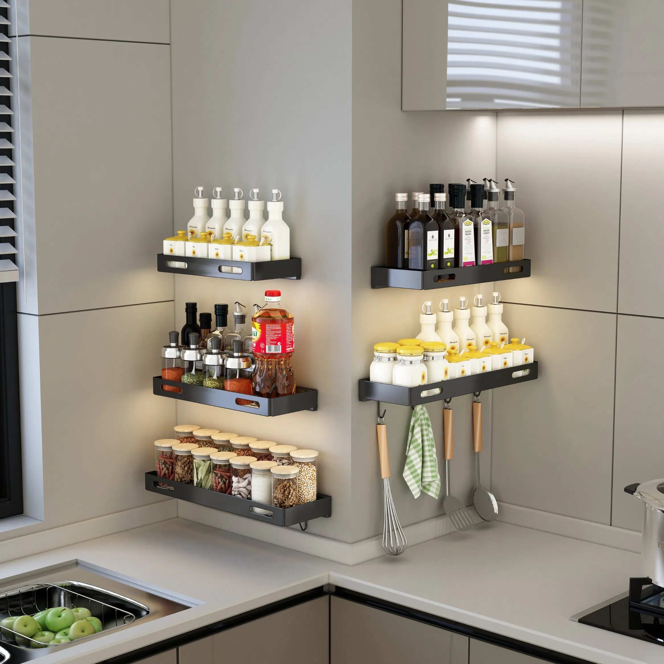 304 Stainless Steel Wall-Mounted Space-Saving 360° Visible Storage Kitchen Condiment Organizer Shelf &amp; Seasoning Storage Rack