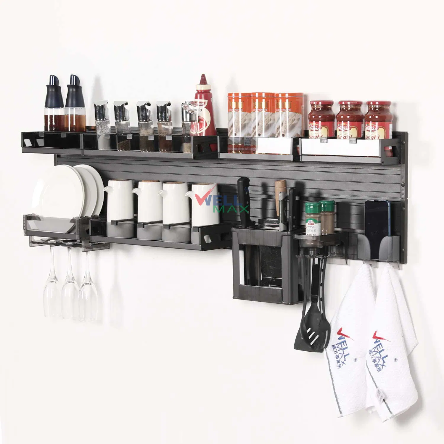 Wellmax Gray Brown Black Aluminum Multi-Functional Kitchen Wall-Mounted Suspension Hanging Adjustable Removable Storage Rack