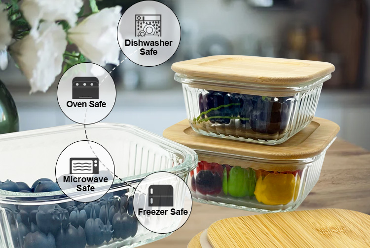 Premium Square Textured Glass Storage, Bamboo Locking Lid, Tempered for Extreme Temps, Ideal for Bulk Foods &amp; Pantry