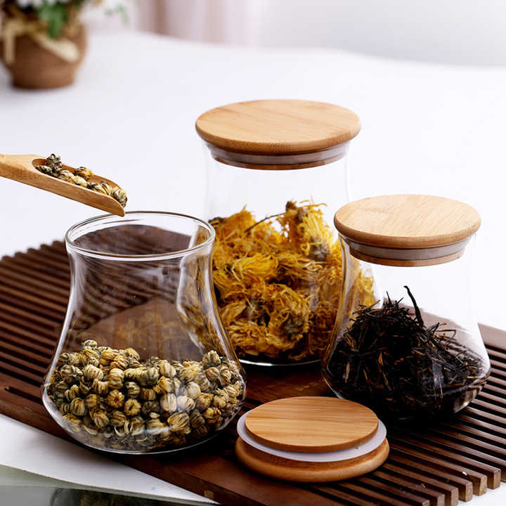 Hot Sale Household Kitchen Refrigerator Storage Glass Spice Jars with Bamboo Lid