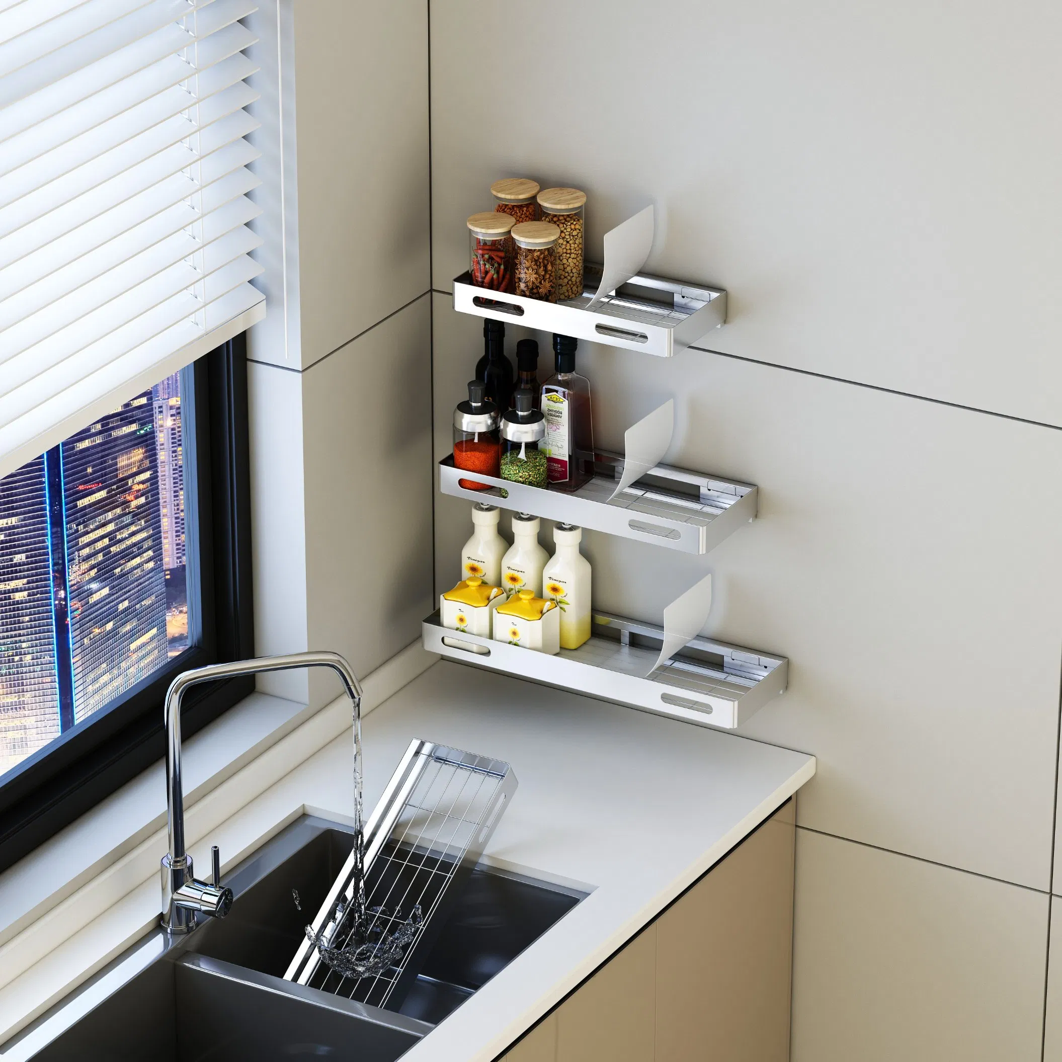 304 Stainless Steel Wall-Mounted Space-Saving 360° Visible Storage Kitchen Condiment Organizer Shelf &amp; Seasoning Storage Rack