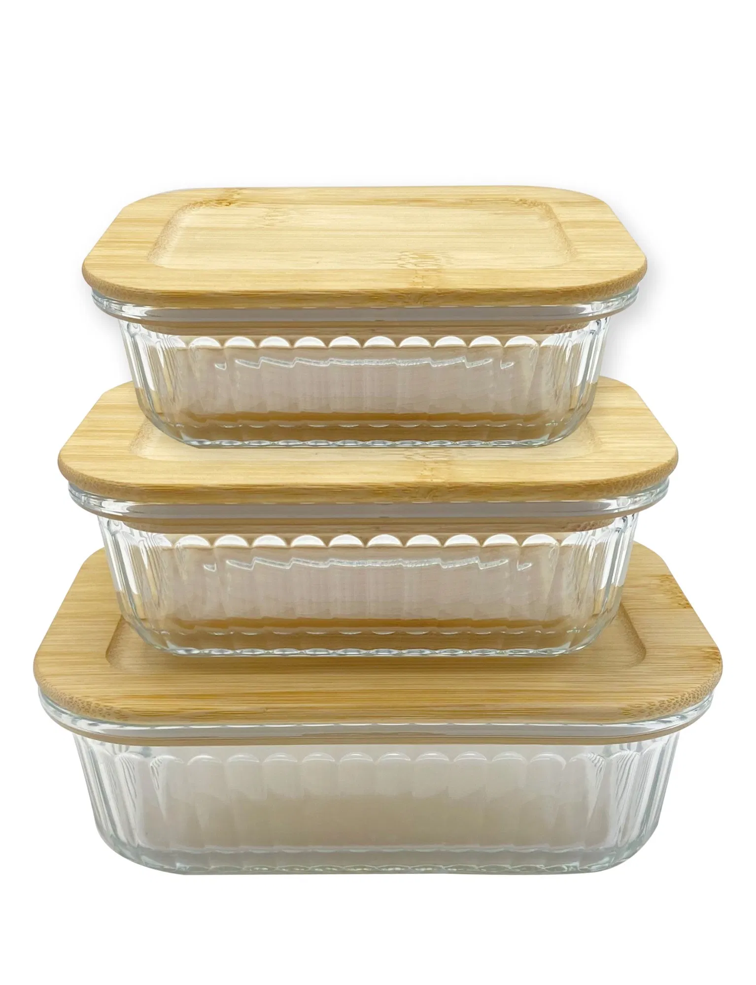 4-Piece Rectangle Bamboo-Lid Glass Food Keepers, Shatterproof Borosilicate, Dishwasher Safe, Decorative Stripes, Ideal for Pantry Storage