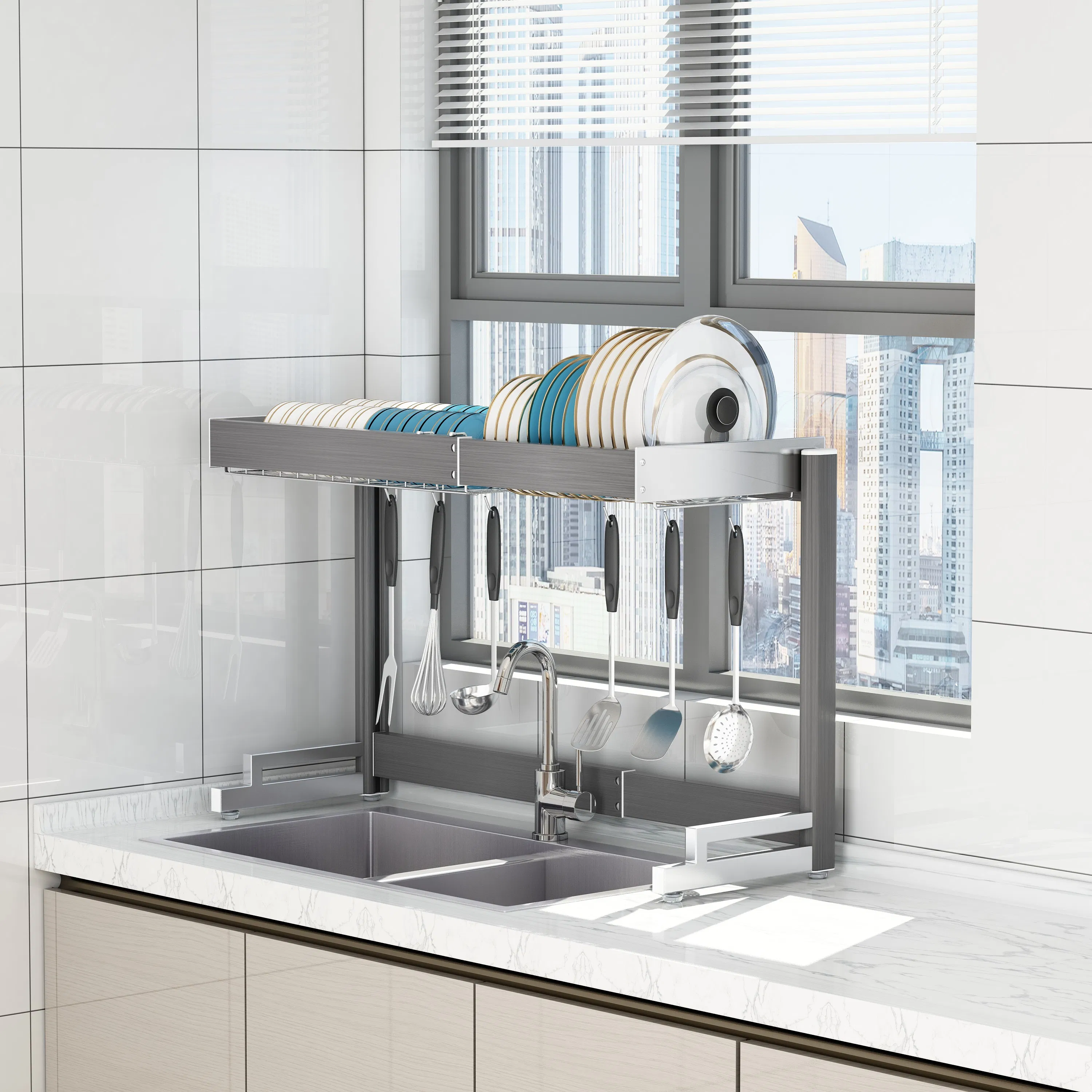 Factory High Quality Single-Tier Above-Sink Plate Bowls Storage Drainage Organization Dish Rack Drainer with Cutlery Holder