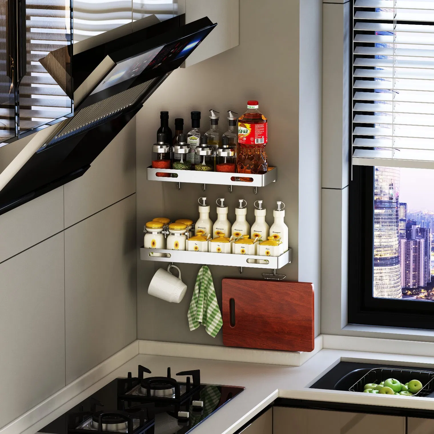 304 Stainless Steel Wall-Mounted Space-Saving 360° Visible Storage Kitchen Condiment Organizer Shelf &amp; Seasoning Storage Rack