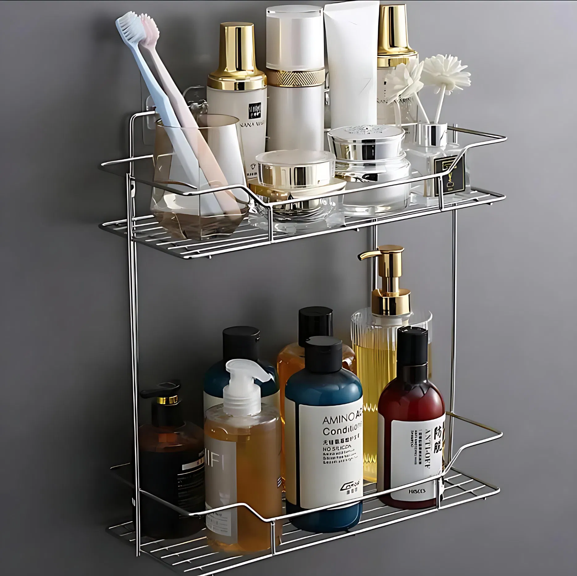 Factory Direct Sale 2 Tier Wall Mount Spice Shelf Storage Metal Shelf Hanging Organizer