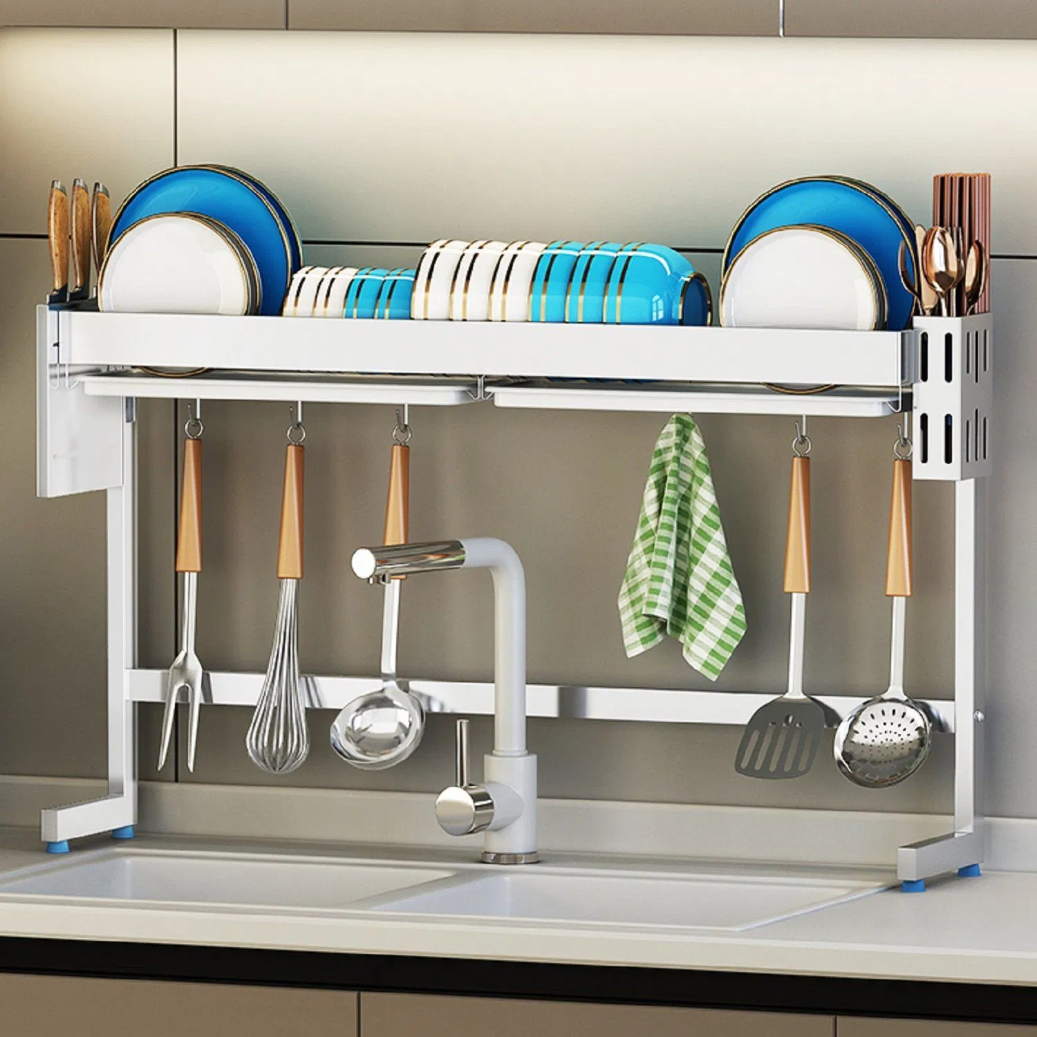 Kitchen Accessories Single-Layer 201 Stainless Steel Shelf Baking Paint Process Sink Utensils Organization Holder Dish Storage Drainer Rack