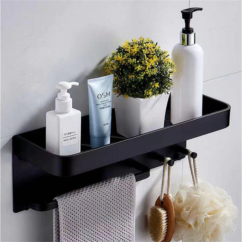 Wall-Mounted Hole-Free Bathroom Kitchen Hook Rack with Suction, Aluminum Towel Shelf, Cosmetic Storage, and Toilet Rack