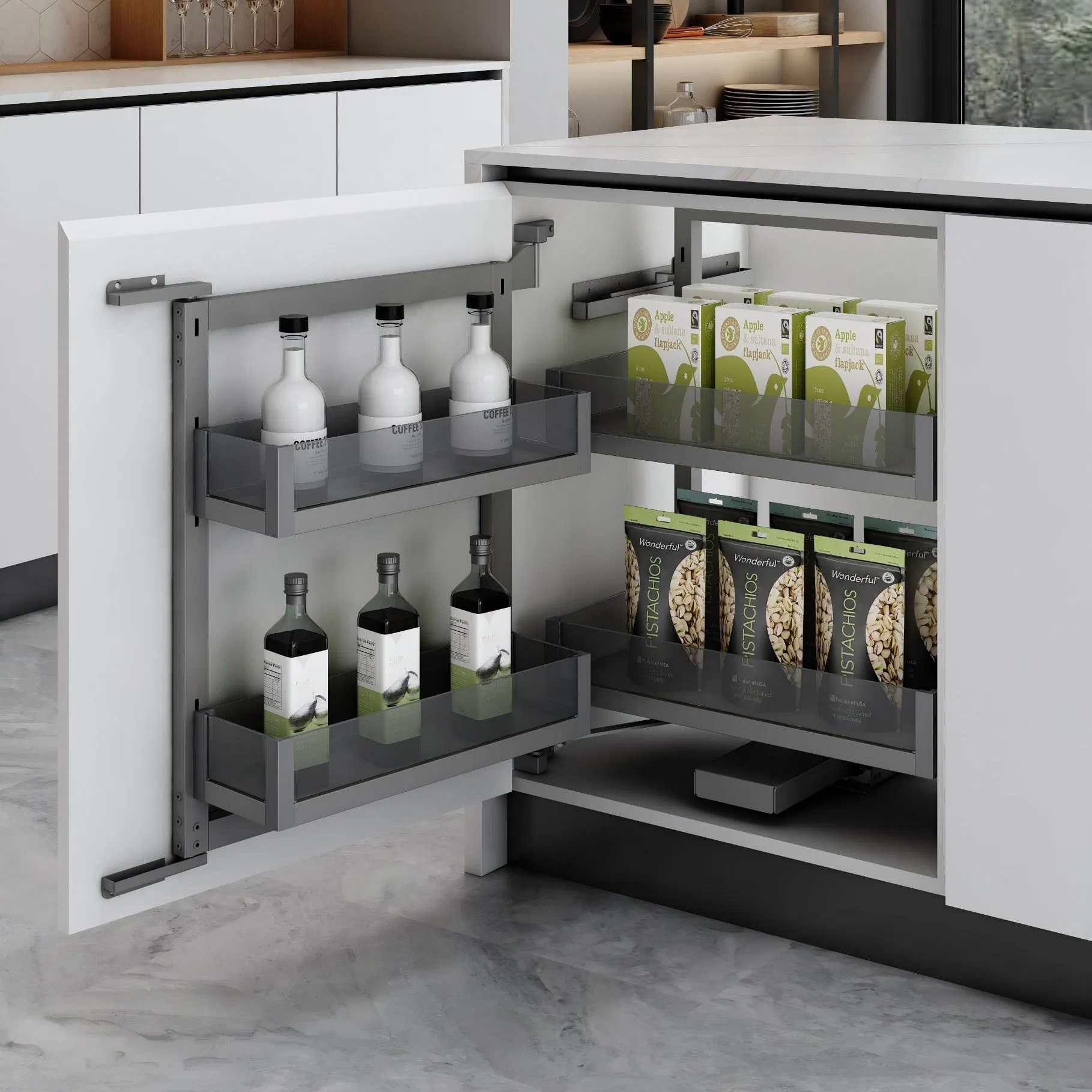 Aluminium Frame Tempered Glass Kitchen Storage Soft Close 2 Layers Pantry
