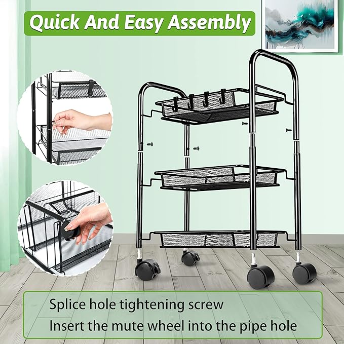 3 Tier Metal Rolling Cart Basket Kitchen Trolley Storage