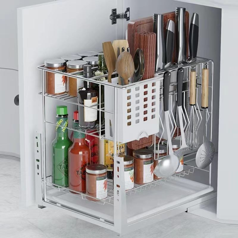 Pull-out Storage Shelf Stainless Steel Kitchen Rack for Spice &amp; Tableware