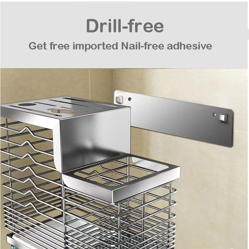 304 Stainless Steel Kitchen Countertop &amp; Wall Mounted Rack, Multifunctional Storage Shelf with Knife Holder, Chopstick Cage and Drain Tray