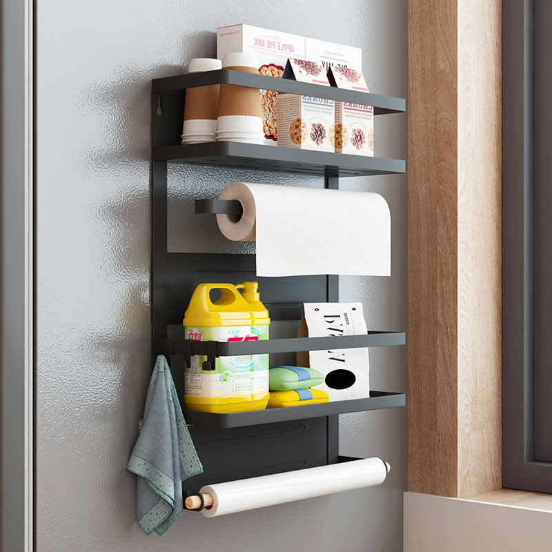 Wall-Mounted No-Drill Magnetic Refrigerator Shelf, Kitchen Side Storage Organizer for Spices, Plastic Wrap and Utensils