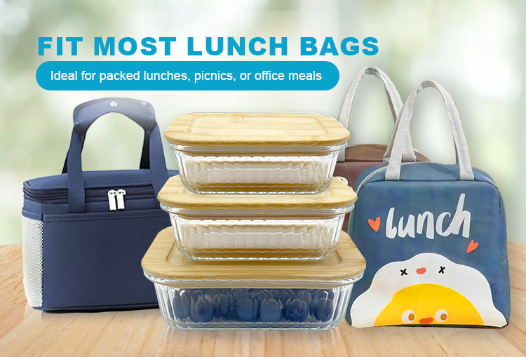 4-Piece Rectangle Bamboo-Lid Glass Food Keepers, Shatterproof Borosilicate, Dishwasher Safe, Decorative Stripes, Ideal for Pantry Storage