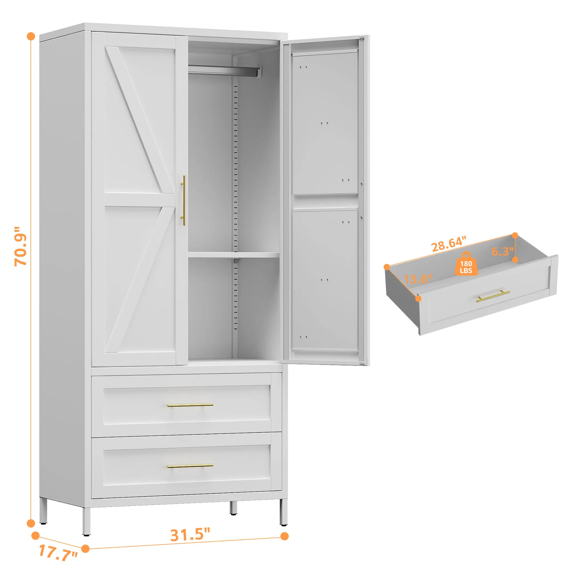 Living Room Cabinets 2 Drawer Metal Pantry Storage Wardrobe with Shelves