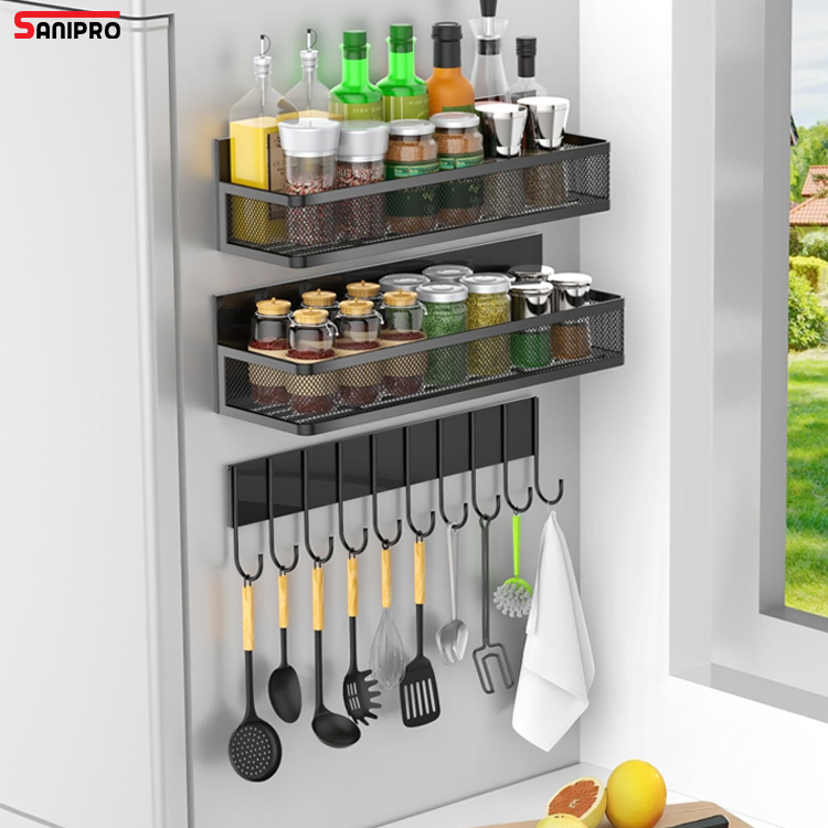 Sanipro Wall Mounted Punch-Free Magnetic Refrigerator Rack Organizer Storage Shelf Kitchen Spice Racks with Metal Hooks