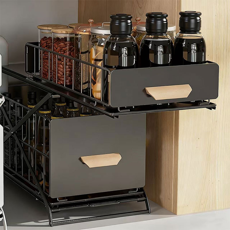 Multi-Layer Under Sink Storage, Slide out Drawer Basket, Drainabler