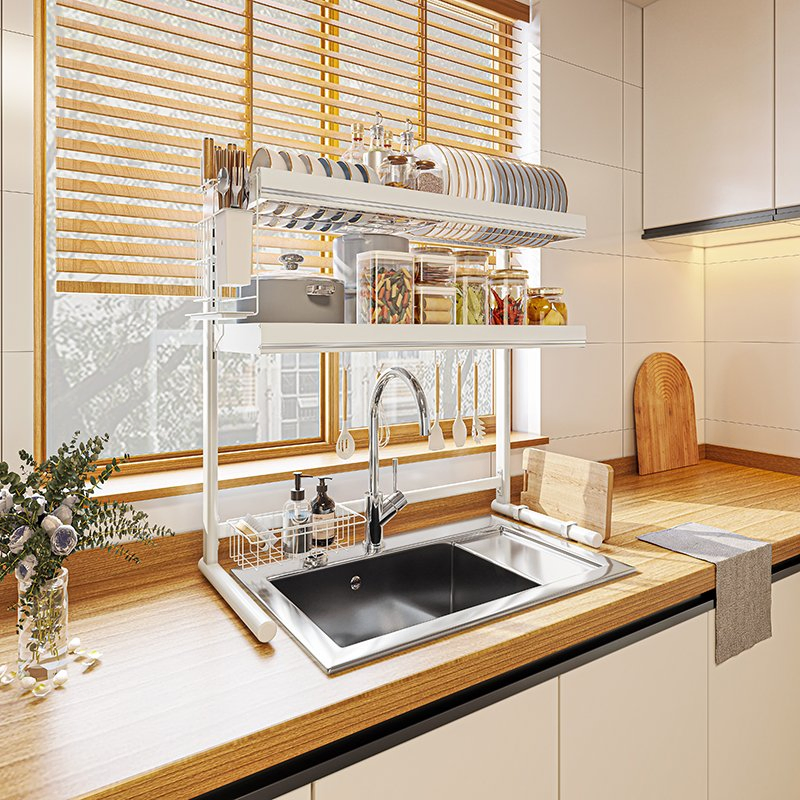 Factory Expandable 201 Stainless Steel Compact Kitchen Organization Kitchenware Shelf Over-Sink Drain Rack