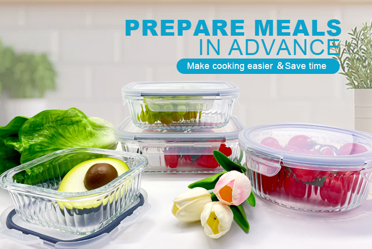 Borosilicate Glass Food Storage with Stripes, PP One - Piece Ear Buckle Lid, Heat - Resistant, Perfect for Home Kitchen Organization