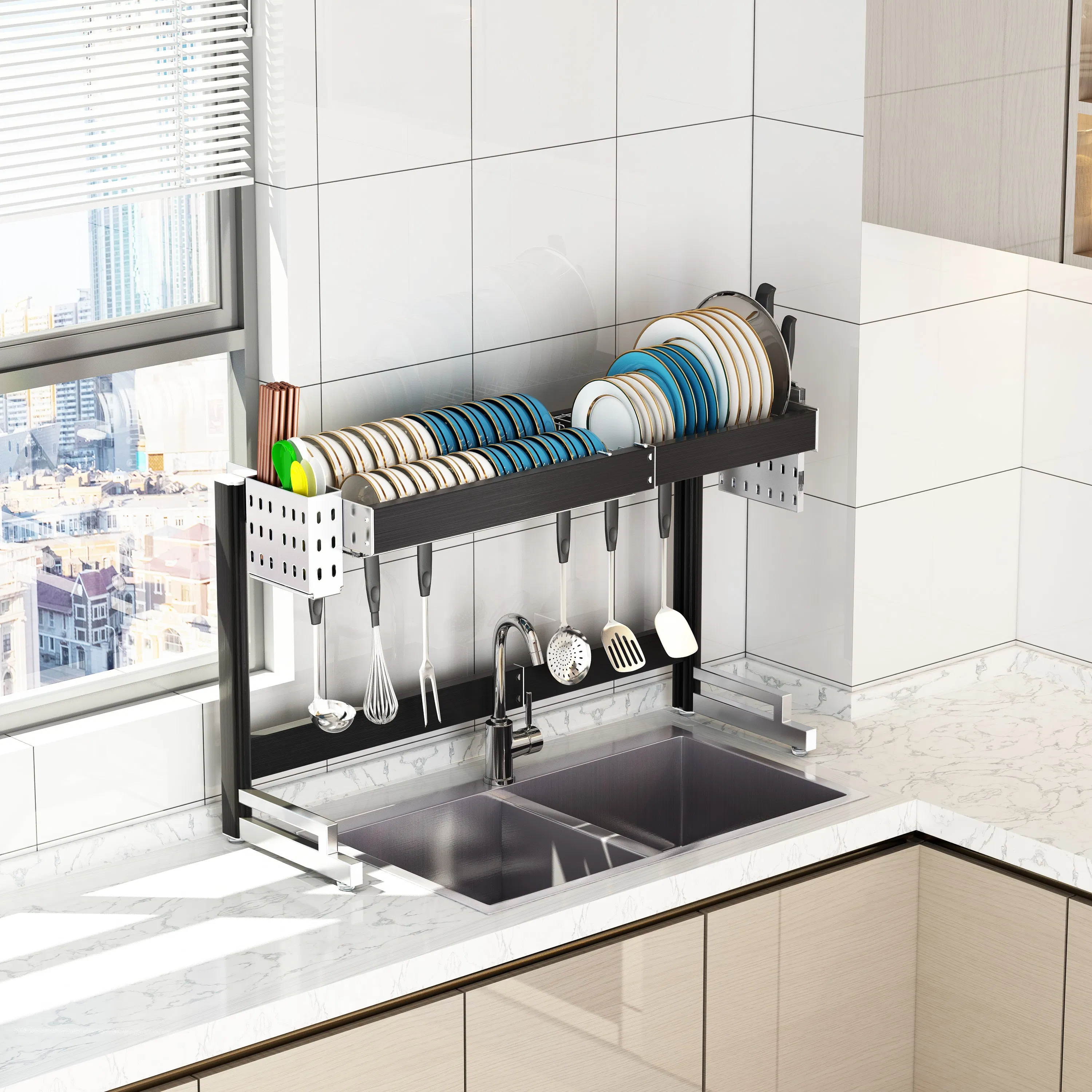 Factory High Quality Single-Tier Above-Sink Plate Bowls Storage Drainage Organization Dish Rack Drainer with Cutlery Holder