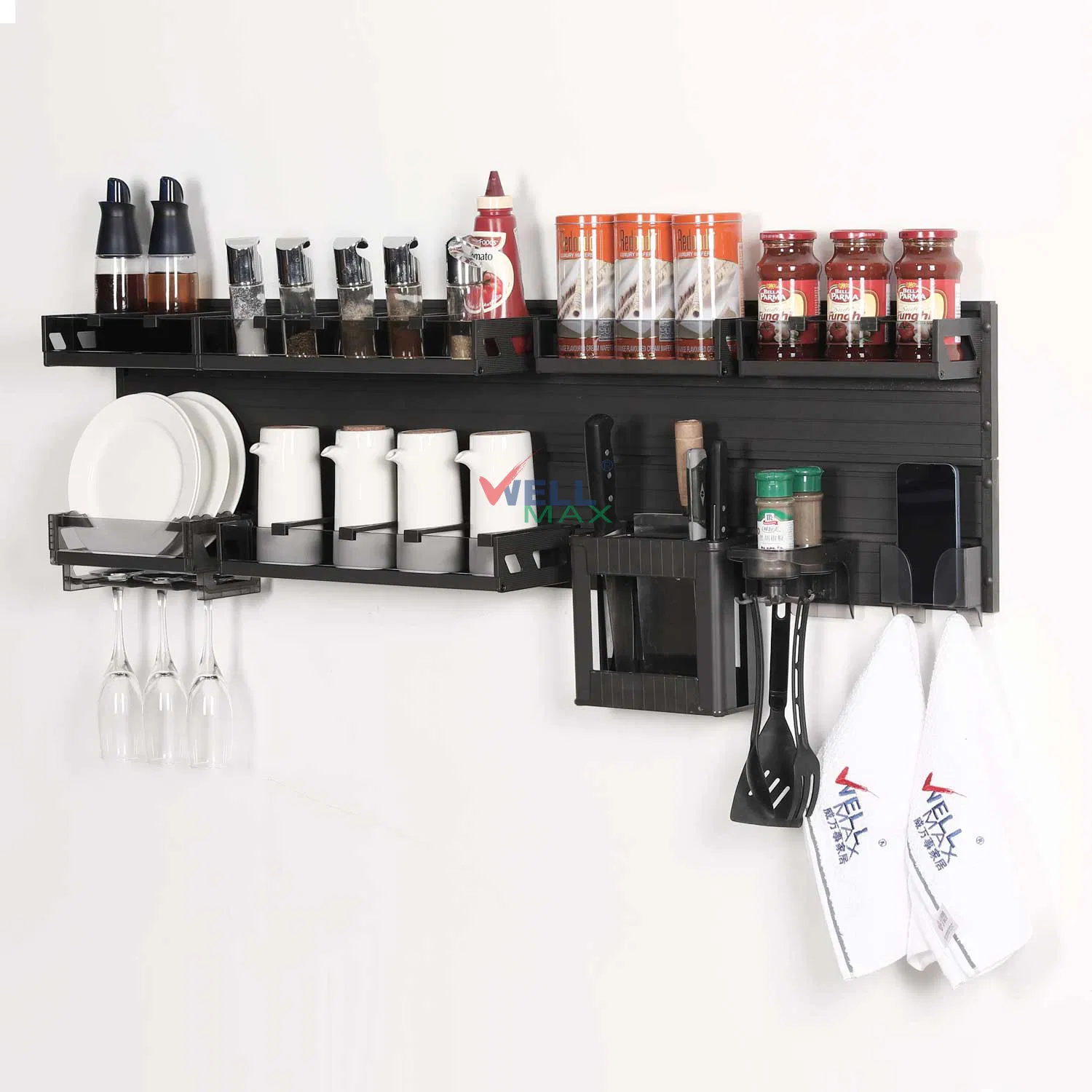 Wellmax Gray Brown Black Aluminum Multi-Functional Kitchen Wall-Mounted Suspension Hanging Adjustable Removable Storage Rack