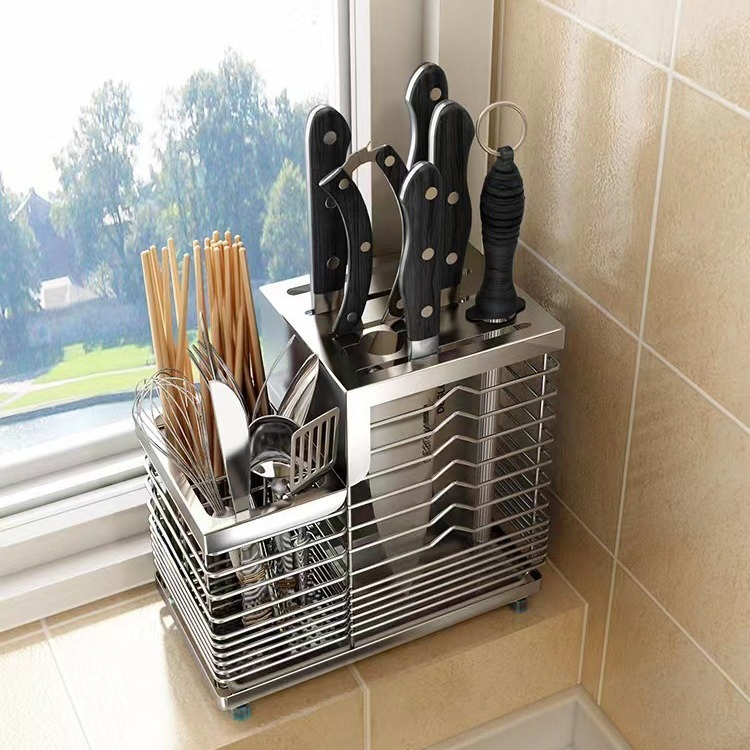 304 Stainless Steel Kitchen Countertop &amp; Wall Mounted Rack, Multifunctional Storage Shelf with Knife Holder, Chopstick Cage and Drain Tray