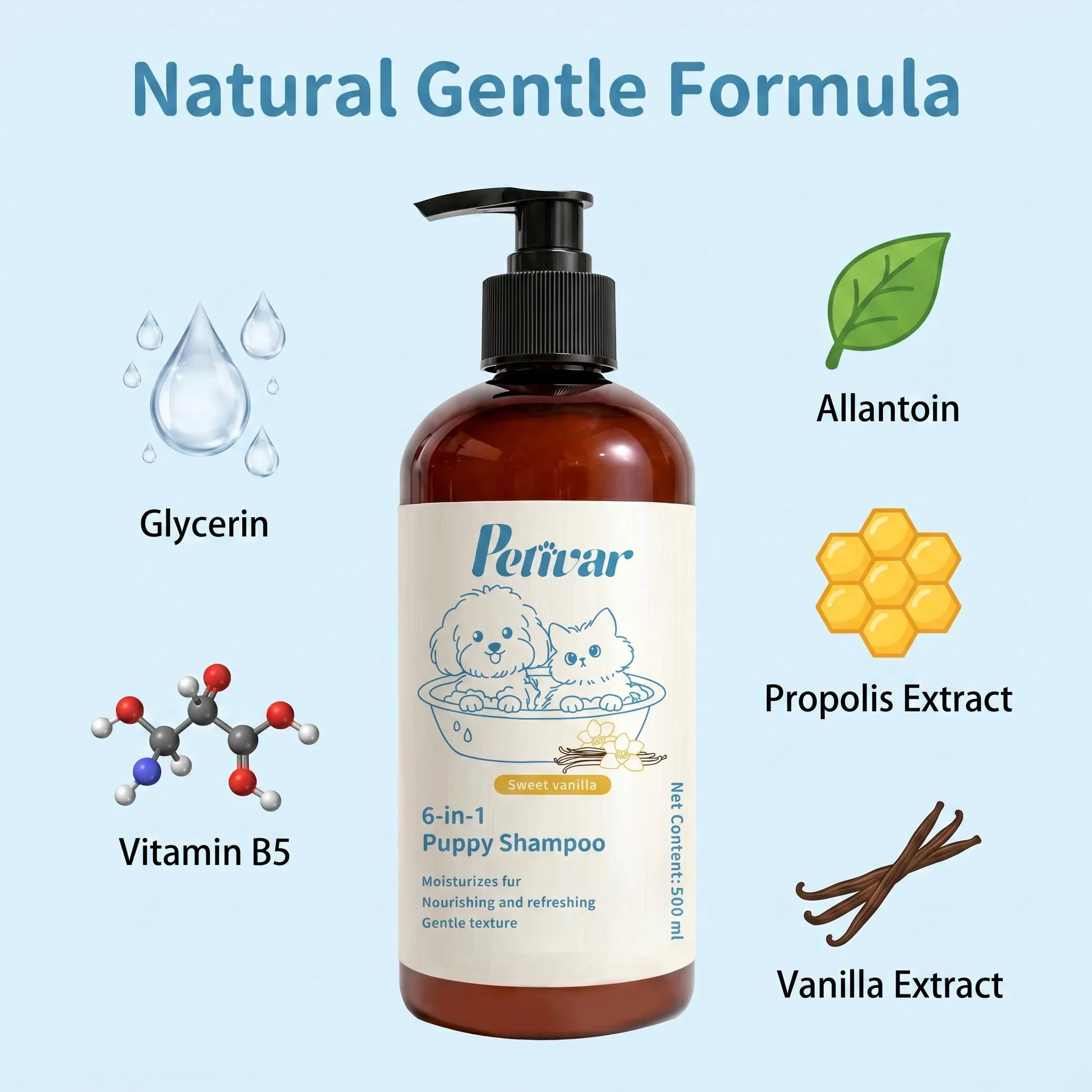 Professional Manufacturer OEM ODM Natural 6-in-1 Puppy Shampoo, Deep Cleaning &amp; Odor Eliminating Formula for Dogs, Private Label Available