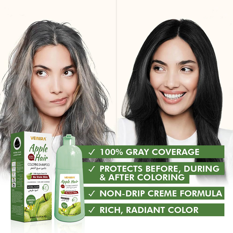 Herbal Apple Black Hair Shampoo for Natural Gray Coverage Ammonia Free Professional Coloring Dye