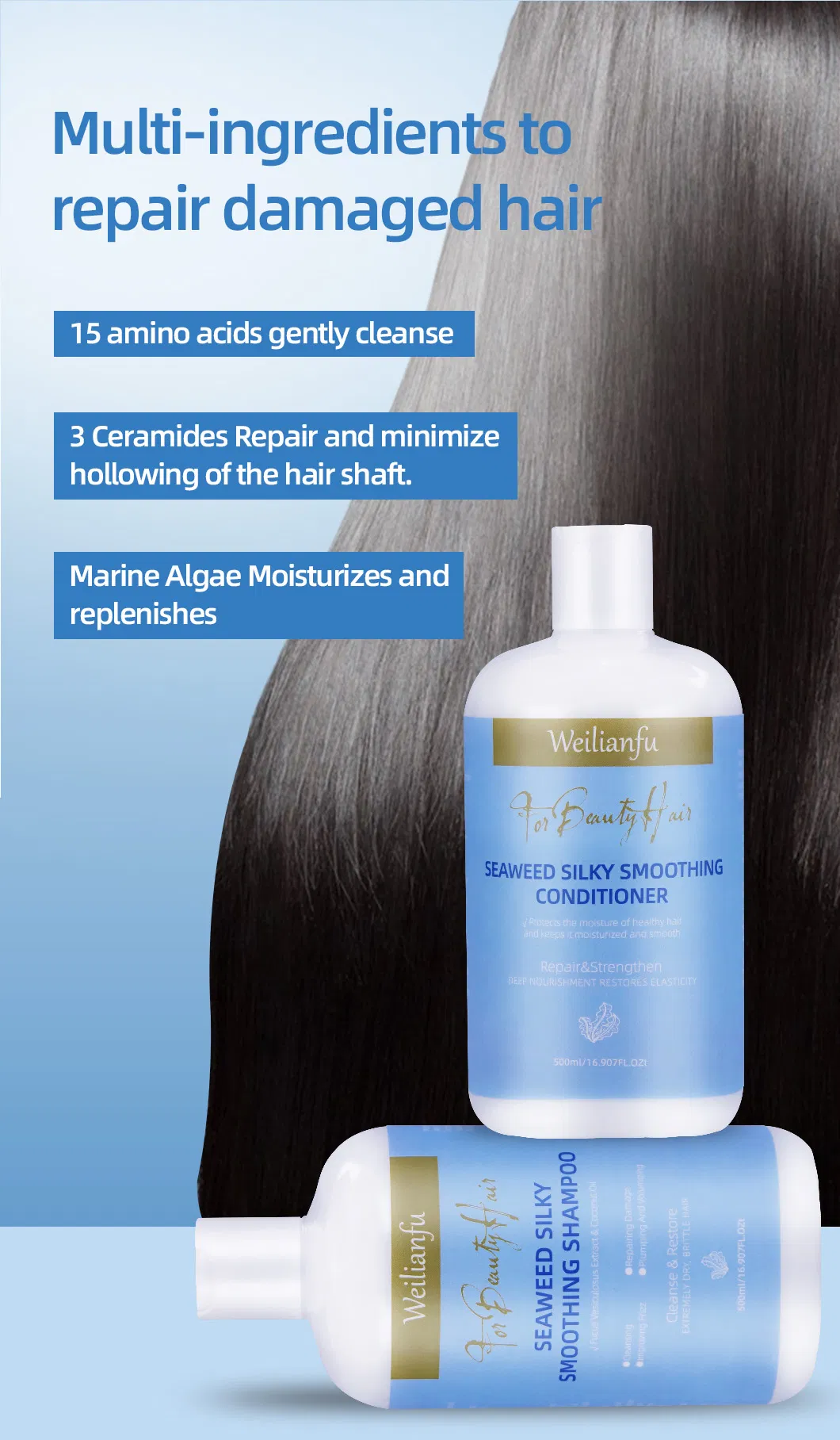 Natural Seaweed Extract Shampoo & Conditioner Set - Sulfate-Free Hair Care for Hydration & Repair