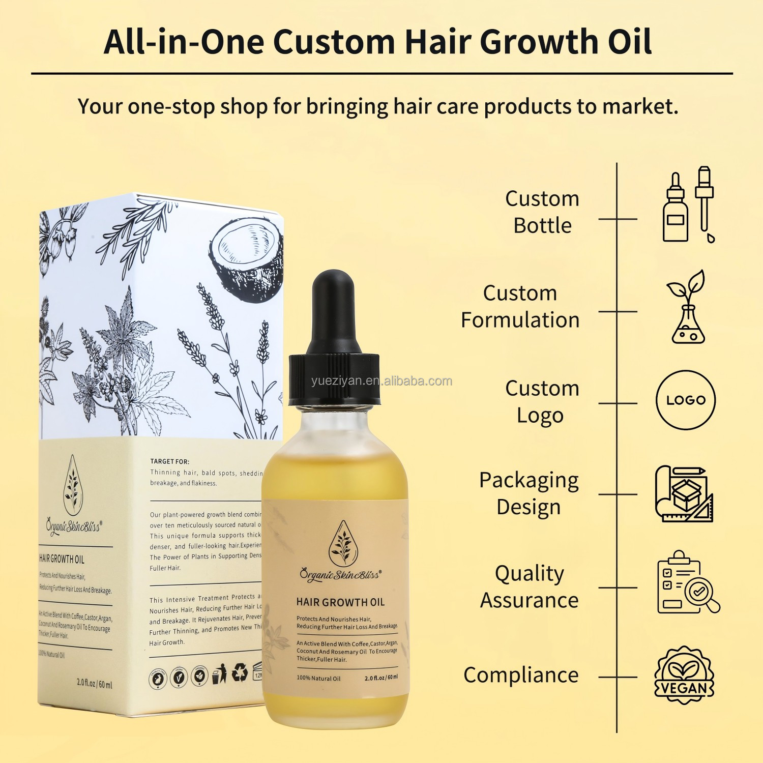 Custom Logo 60 ml Hair Growth Oil Private Label Vegan Organic Argan Rosemary Oil Hair Growth for Anti Loss Regrowth Scalp Care