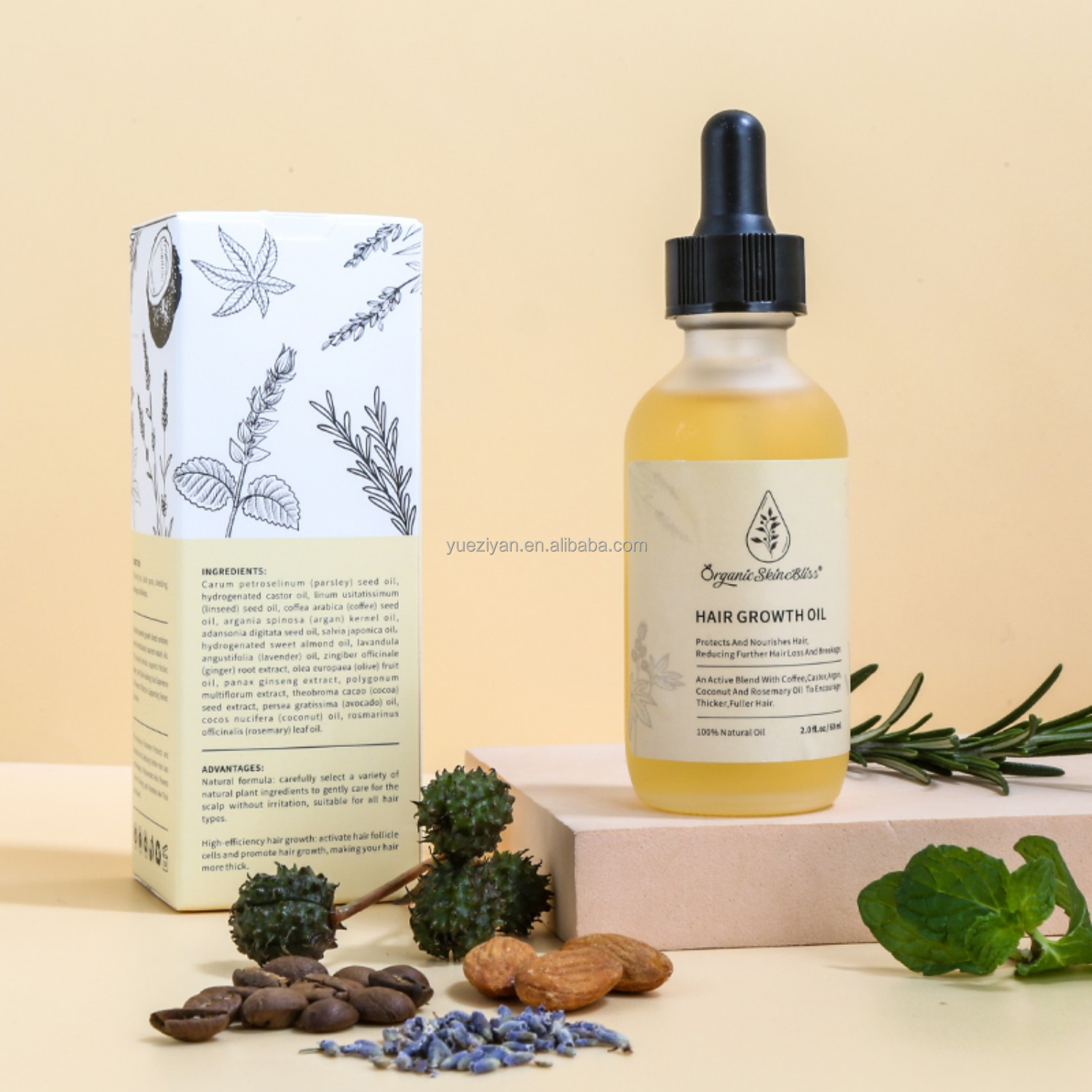Custom Logo 60 ml Hair Growth Oil Private Label Vegan Organic Argan Rosemary Oil Hair Growth for Anti Loss Regrowth Scalp Care