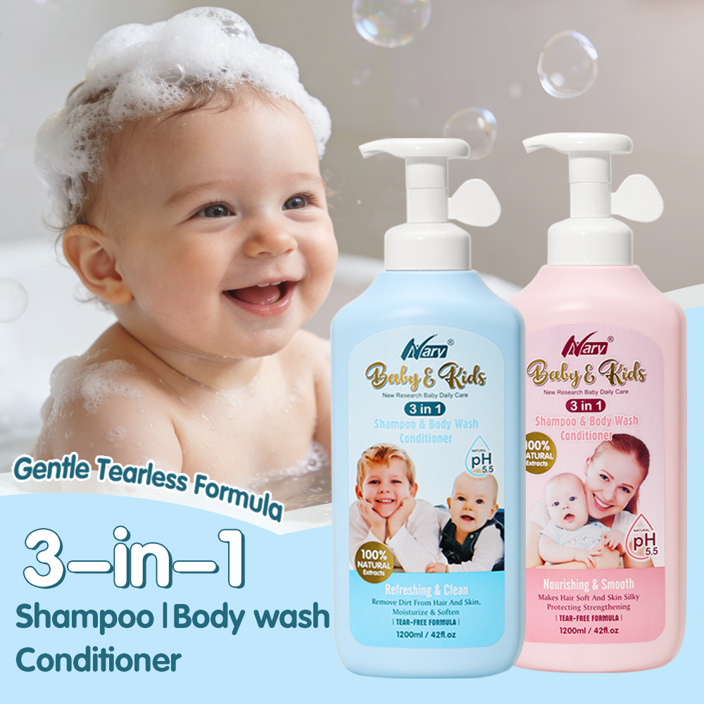 Nary 3-in -1 Baby &amp; Kids Bath Body Wash Hair Shampoo and Conditioner 1200ml No Tears Gentle Clean Hair &amp; Skin OEM ODM Security
