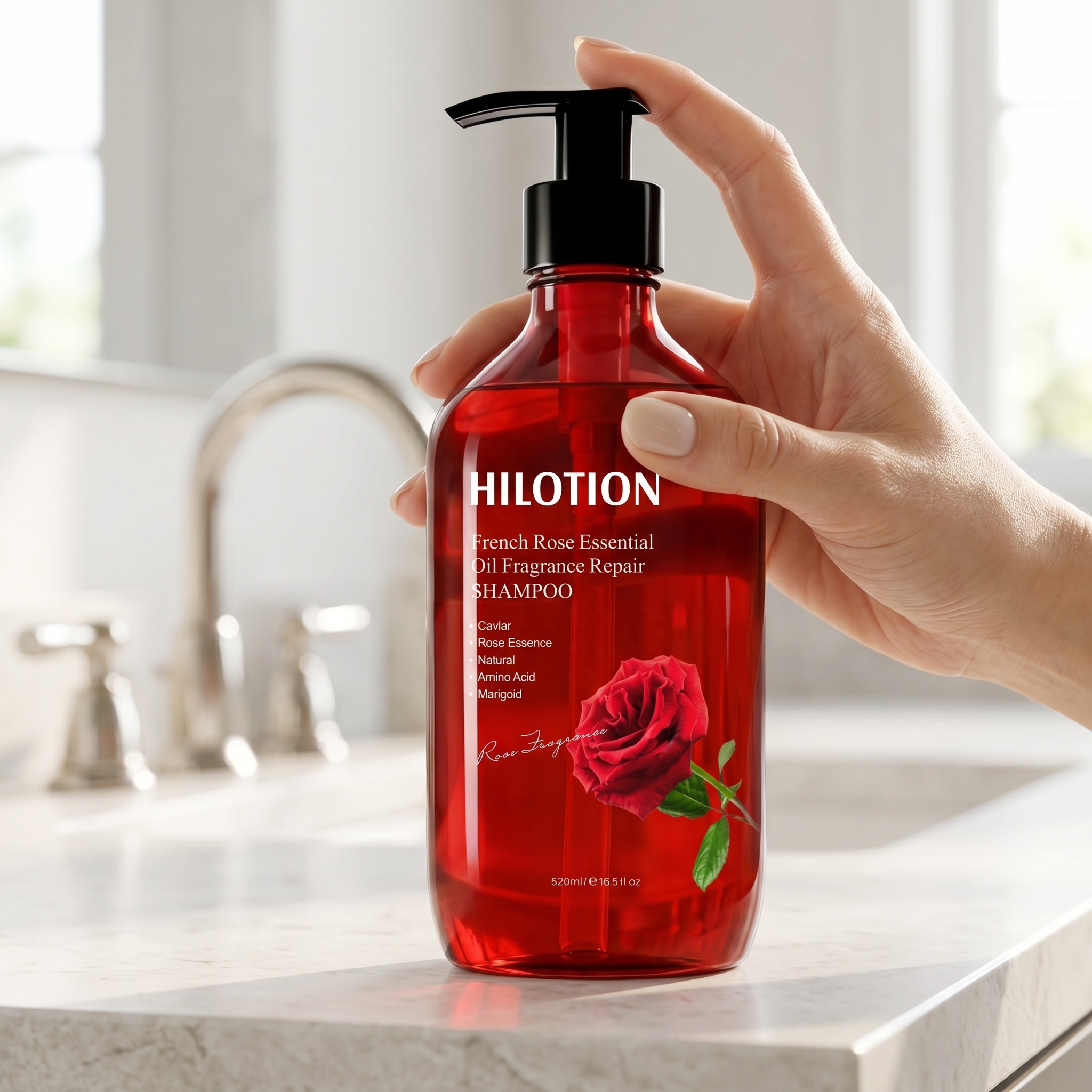 Hilotion Plant-Based Rrench Rose Essence Hair Hydrating Shampoo with Caviar for Moisturizing &amp; Refreshing Women Dry Hair