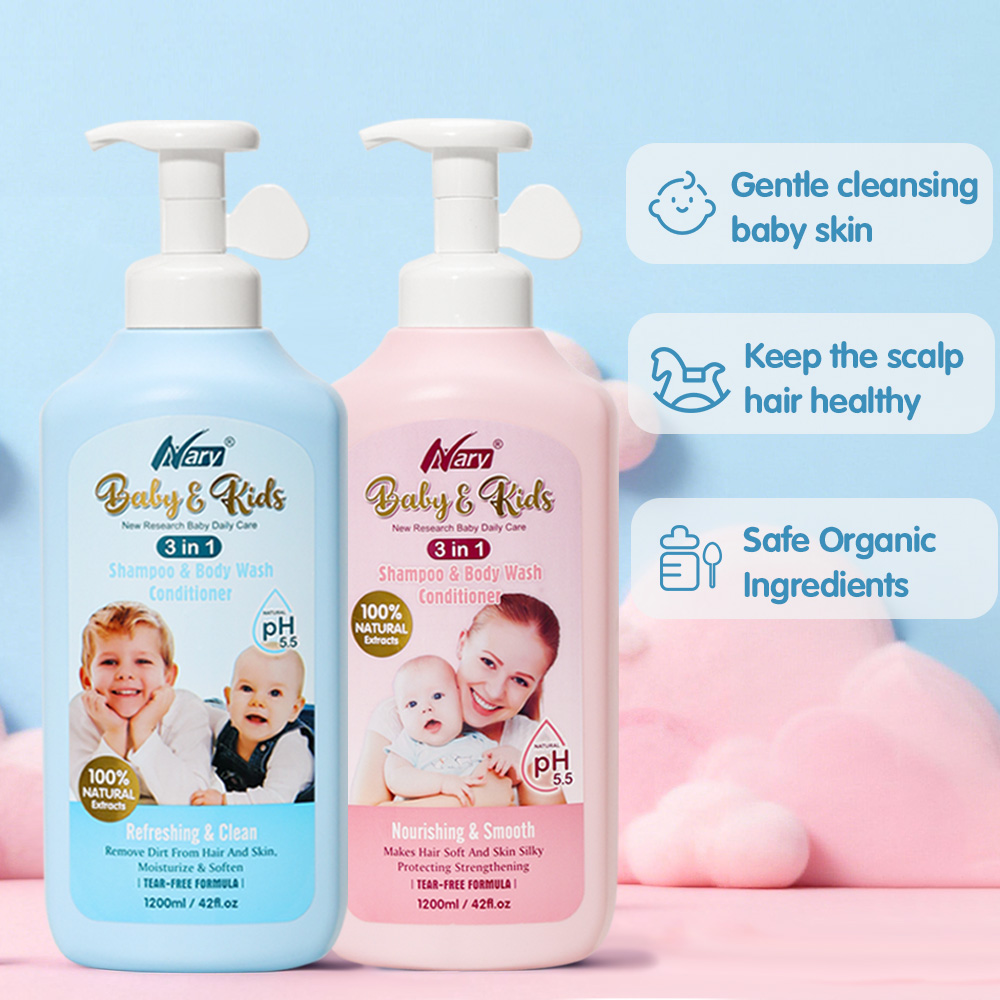 Nary 3-in -1 Baby &amp; Kids Bath Body Wash Hair Shampoo and Conditioner 1200ml No Tears Gentle Clean Hair &amp; Skin OEM ODM Security