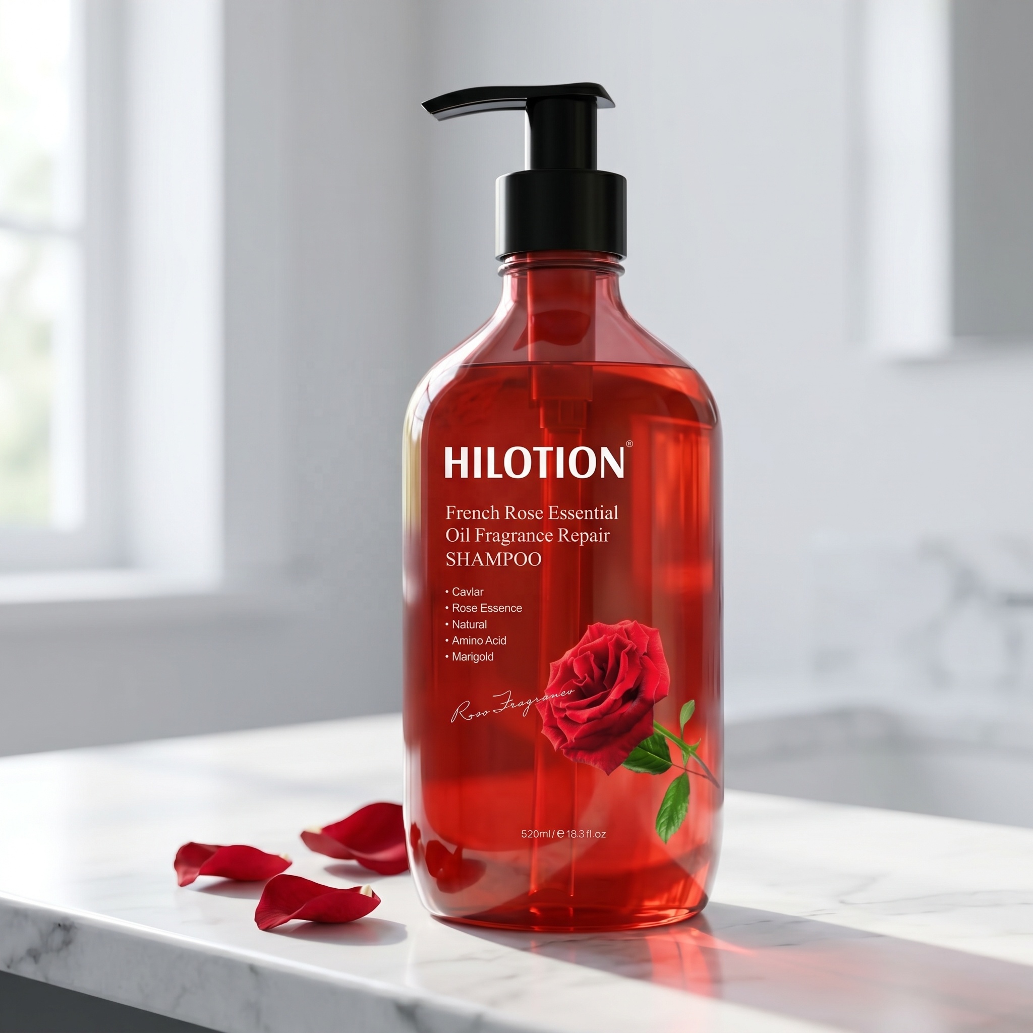 Hilotion Plant-Based Rrench Rose Essence Hair Hydrating Shampoo with Caviar for Moisturizing &amp; Refreshing Women Dry Hair