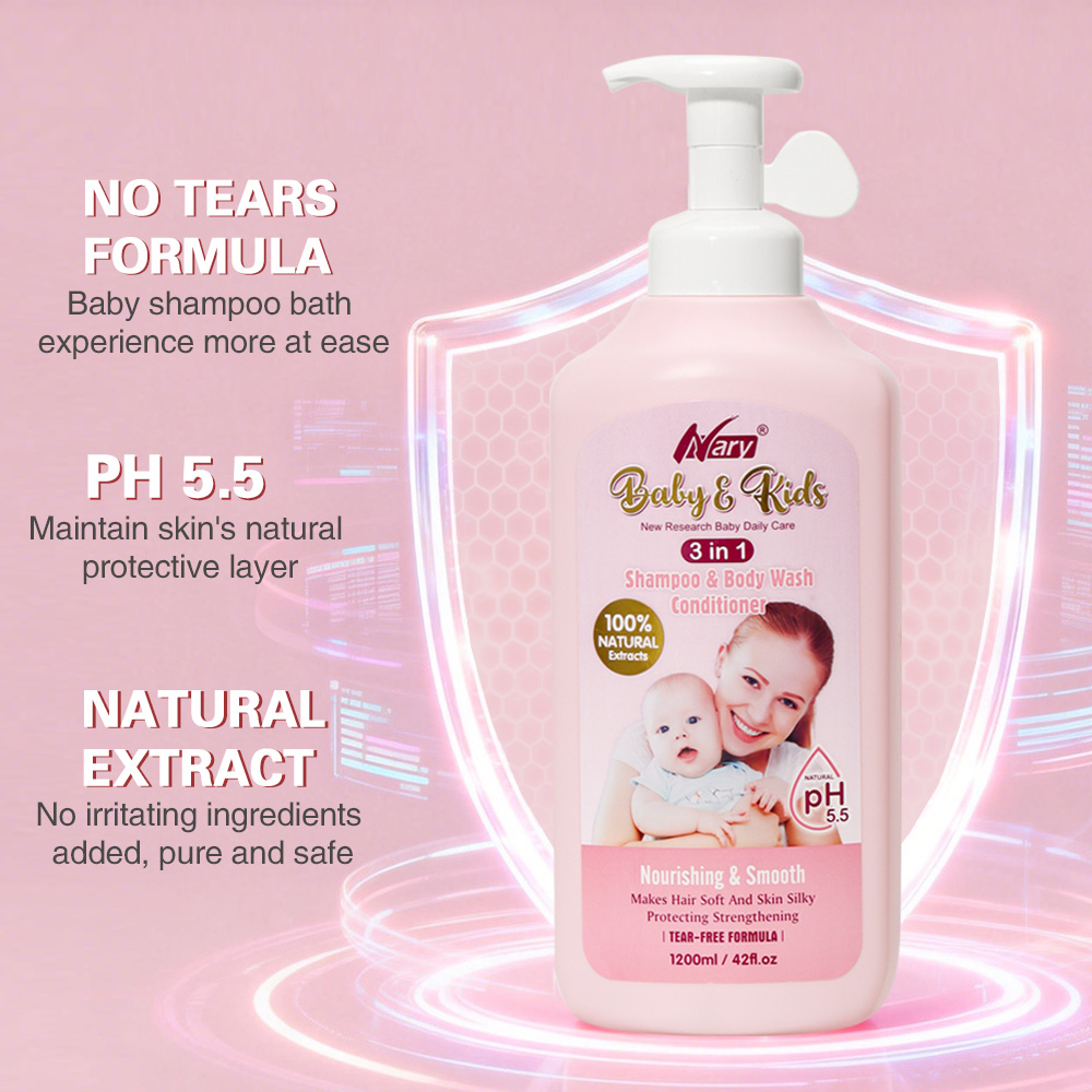Nary 3-in -1 Baby &amp; Kids Bath Body Wash Hair Shampoo and Conditioner 1200ml No Tears Gentle Clean Hair &amp; Skin OEM ODM Security