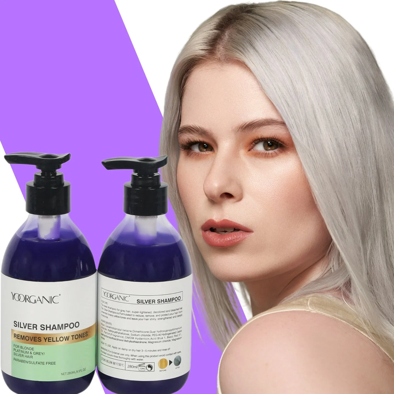 Remove Yellow Hair Color Tone Organic 280ml Silver Purple No Yellow Shampoo Smoothing Silver Hair Anti-Brassy Color-Protection Shampoo