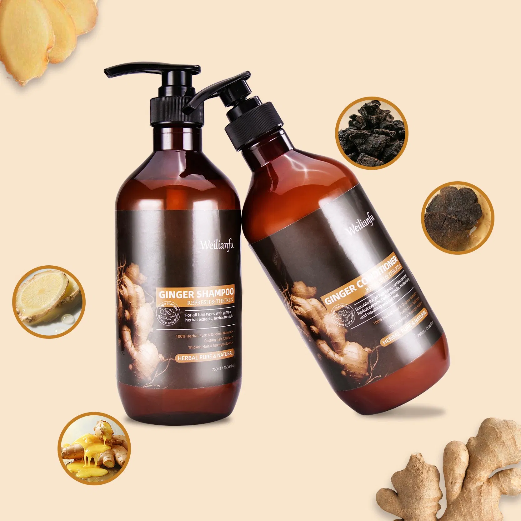 Herbal Ginger Hair Care Shampoo and Conditioner Set Hair Anti-Loss Prevention Hair Growth Strengthens Hair Roots Shampoo