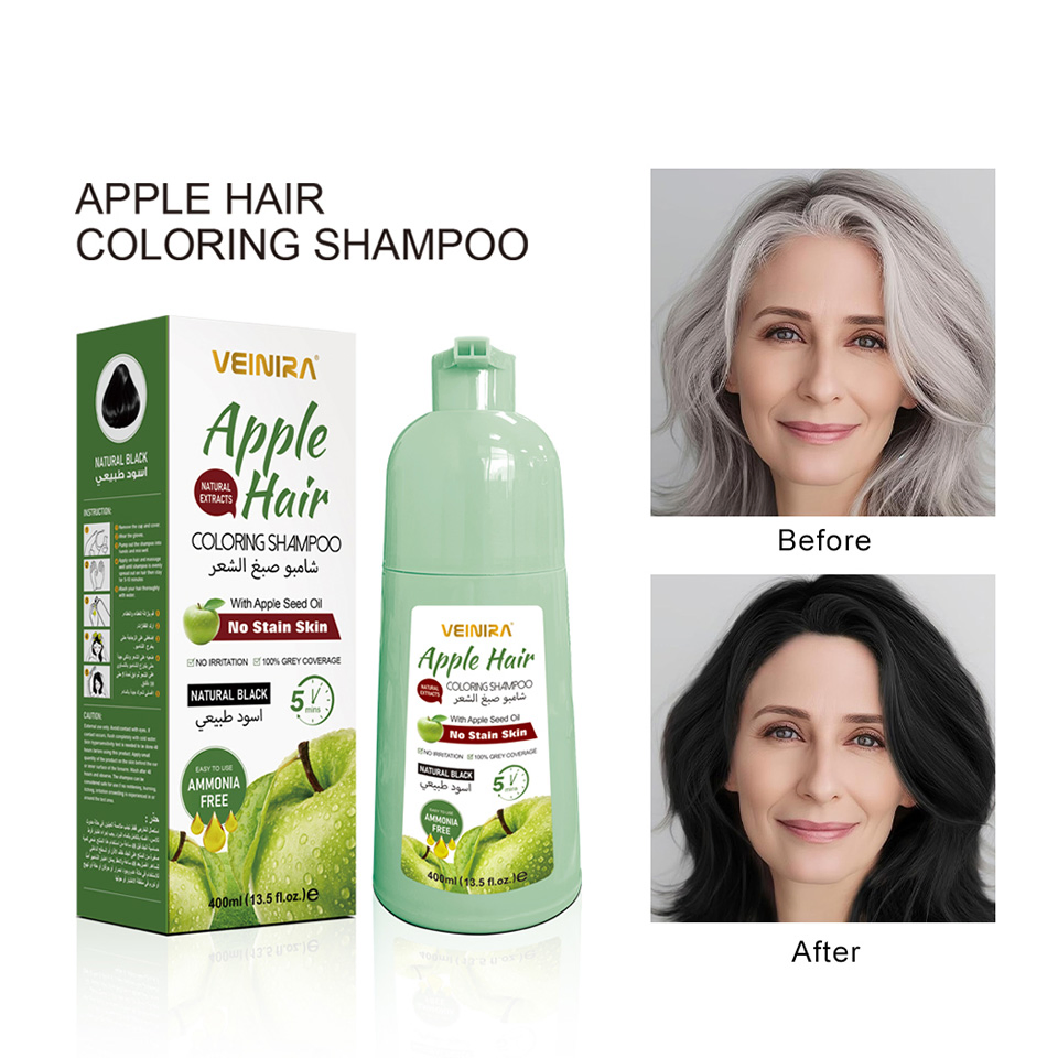 Herbal Apple Black Hair Shampoo for Natural Gray Coverage Ammonia Free Professional Coloring Dye