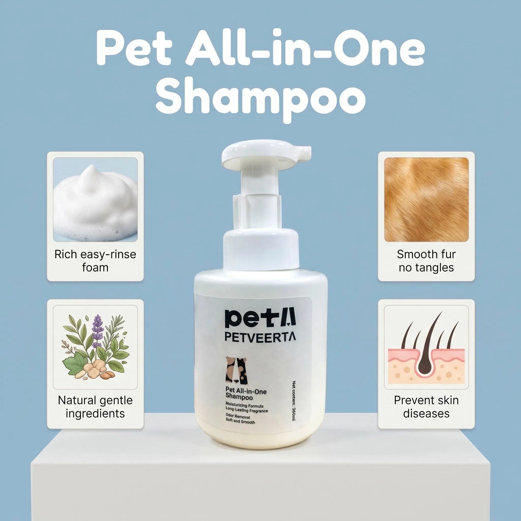 Professional Manufacturer OEM ODM Natural 6-in-1 Pet All-in-One Shampoo, Clean Deodorize Detangle Formula for Dogs &amp; Cats, Private Label Available