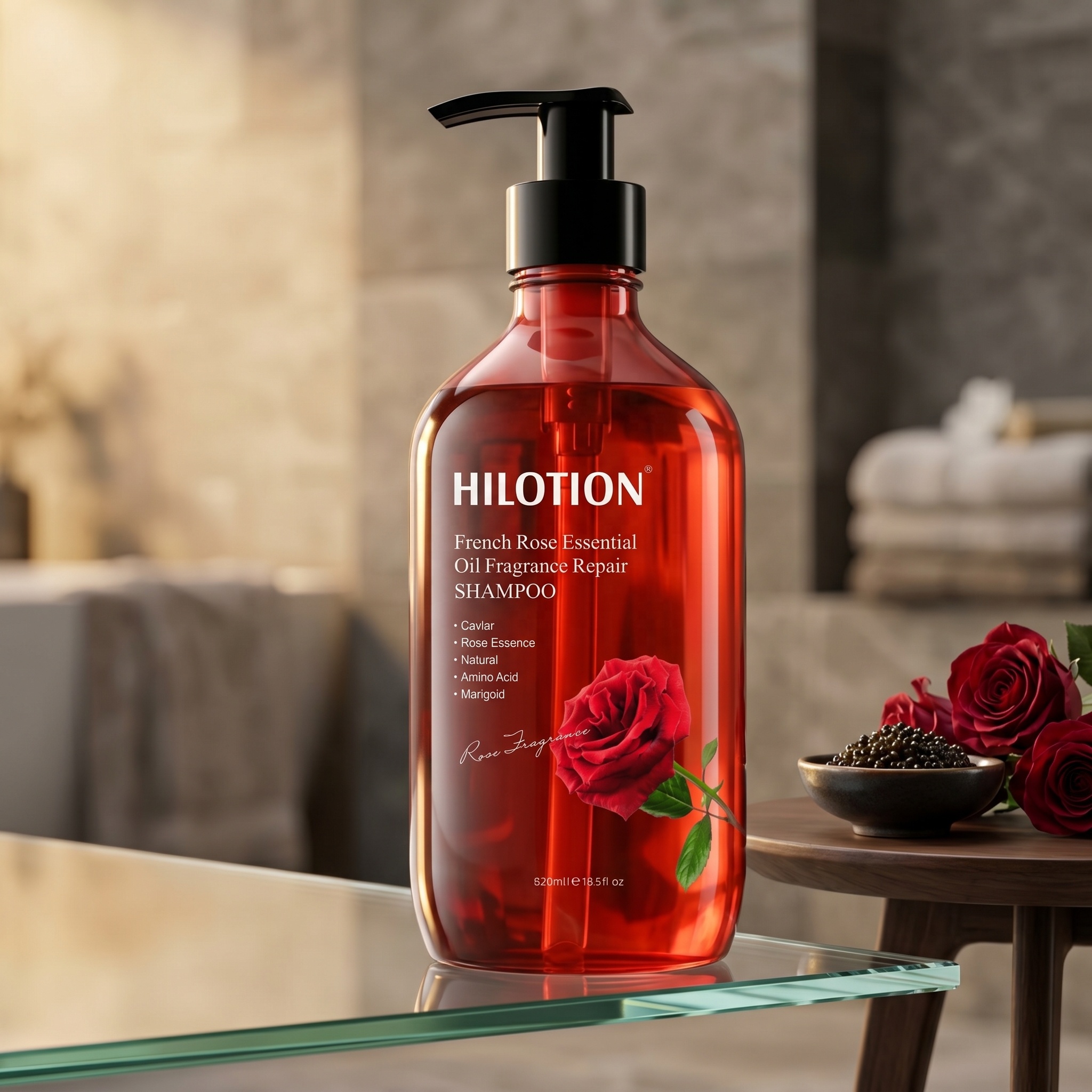 Hilotion Plant-Based Rrench Rose Essence Hair Hydrating Shampoo with Caviar for Moisturizing &amp; Refreshing Women Dry Hair