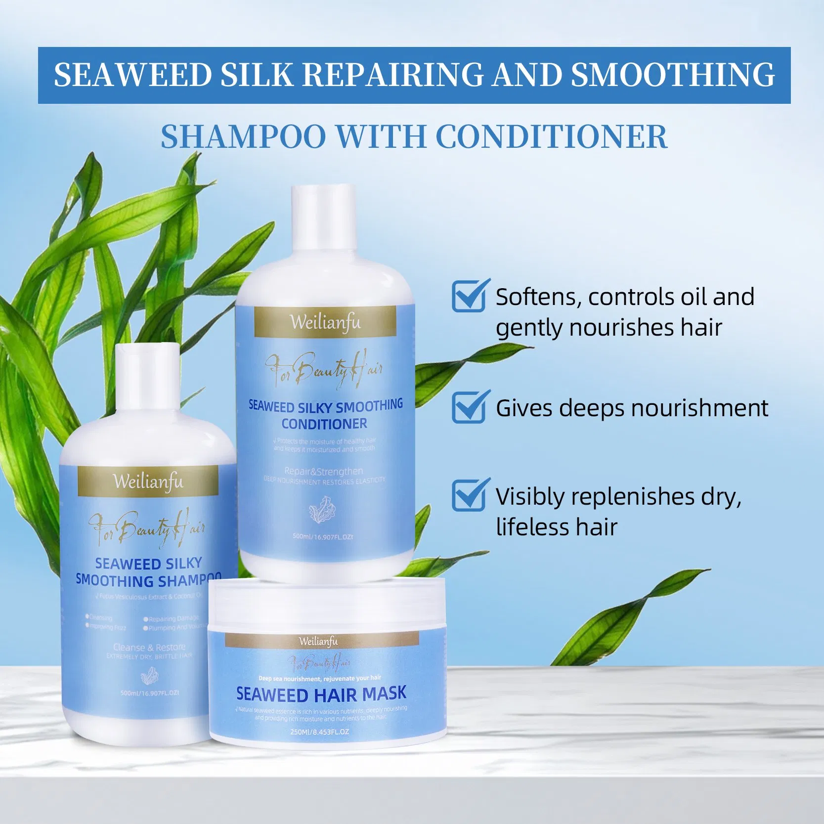 Natural Seaweed Extract Shampoo &amp; Conditioner Set - Sulfate-Free Hair Care for Hydration &amp; Repair
