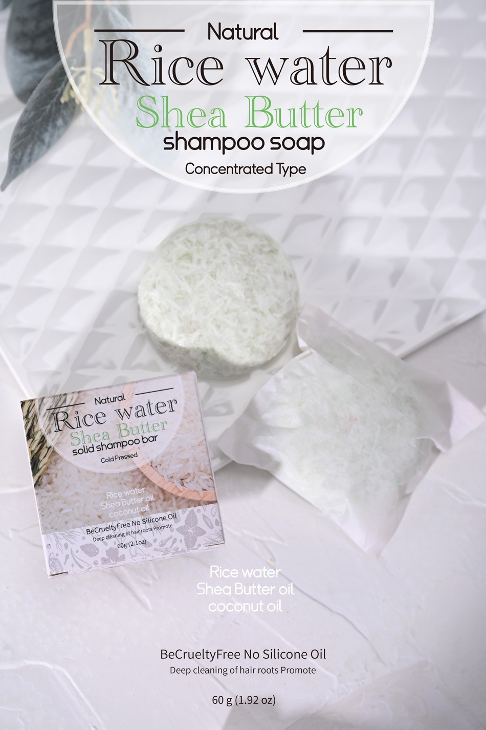 Private Label Natural Organic Handmade Tea Tree Oil Rice Water Solid Shampoo Bar for Oily Hair Skin Care Growth Strengthening