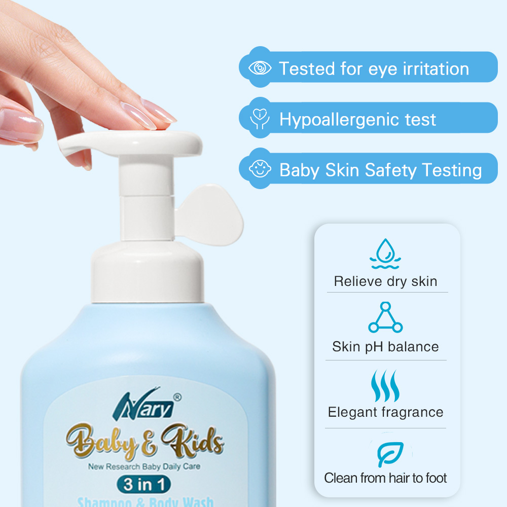 Nary 3-in -1 Baby &amp; Kids Bath Body Wash Hair Shampoo and Conditioner 1200ml No Tears Gentle Clean Hair &amp; Skin OEM ODM Security