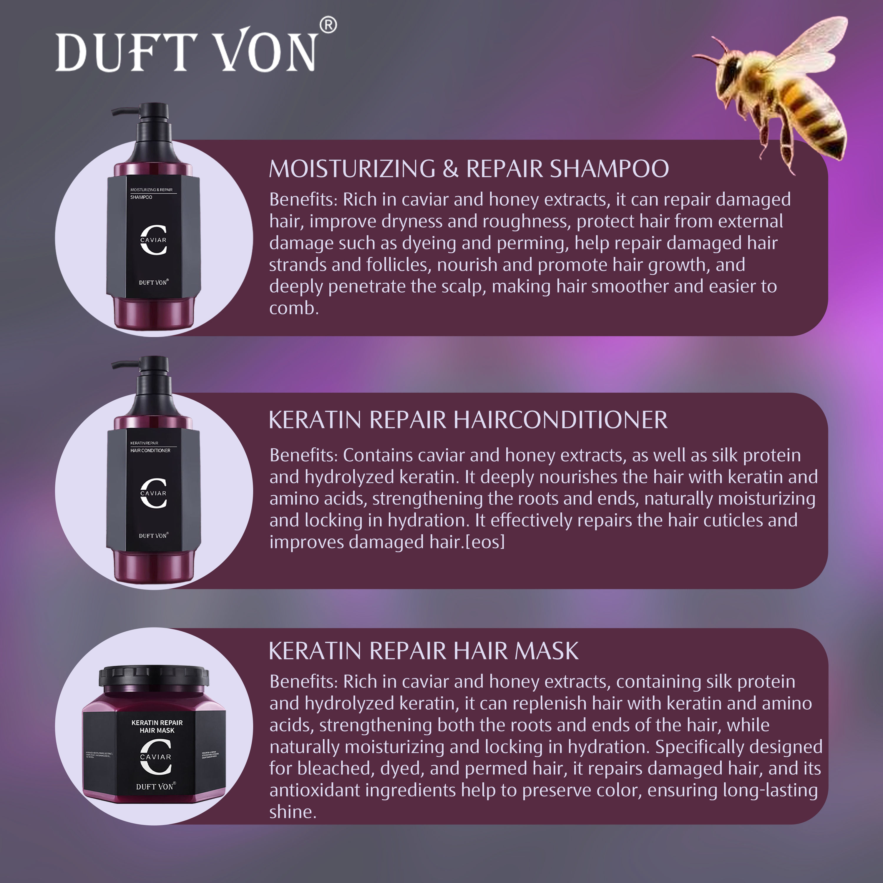 Caviar Honey Hair Care Set Shampoo Conditioner Mask Sulfate-Free Organic Protein Formula Luxury Custom Logo OEM