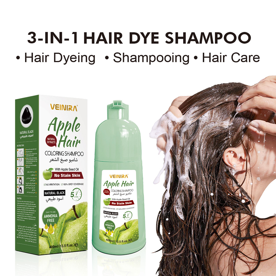 Herbal Apple Black Hair Shampoo for Natural Gray Coverage Ammonia Free Professional Coloring Dye