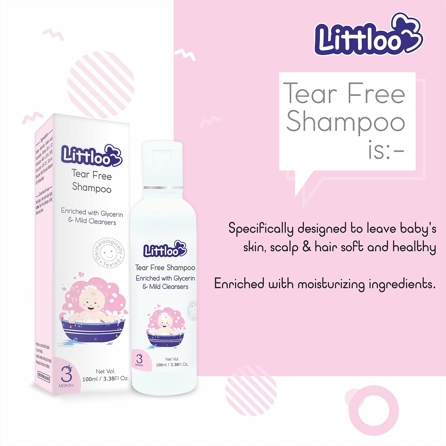 Littloo Tear Free Shampoo-Gentle, Ultra Hydrating No Tear Formula for Babies, Toddlers &amp; Kids Enriched With Glycerine -100ml