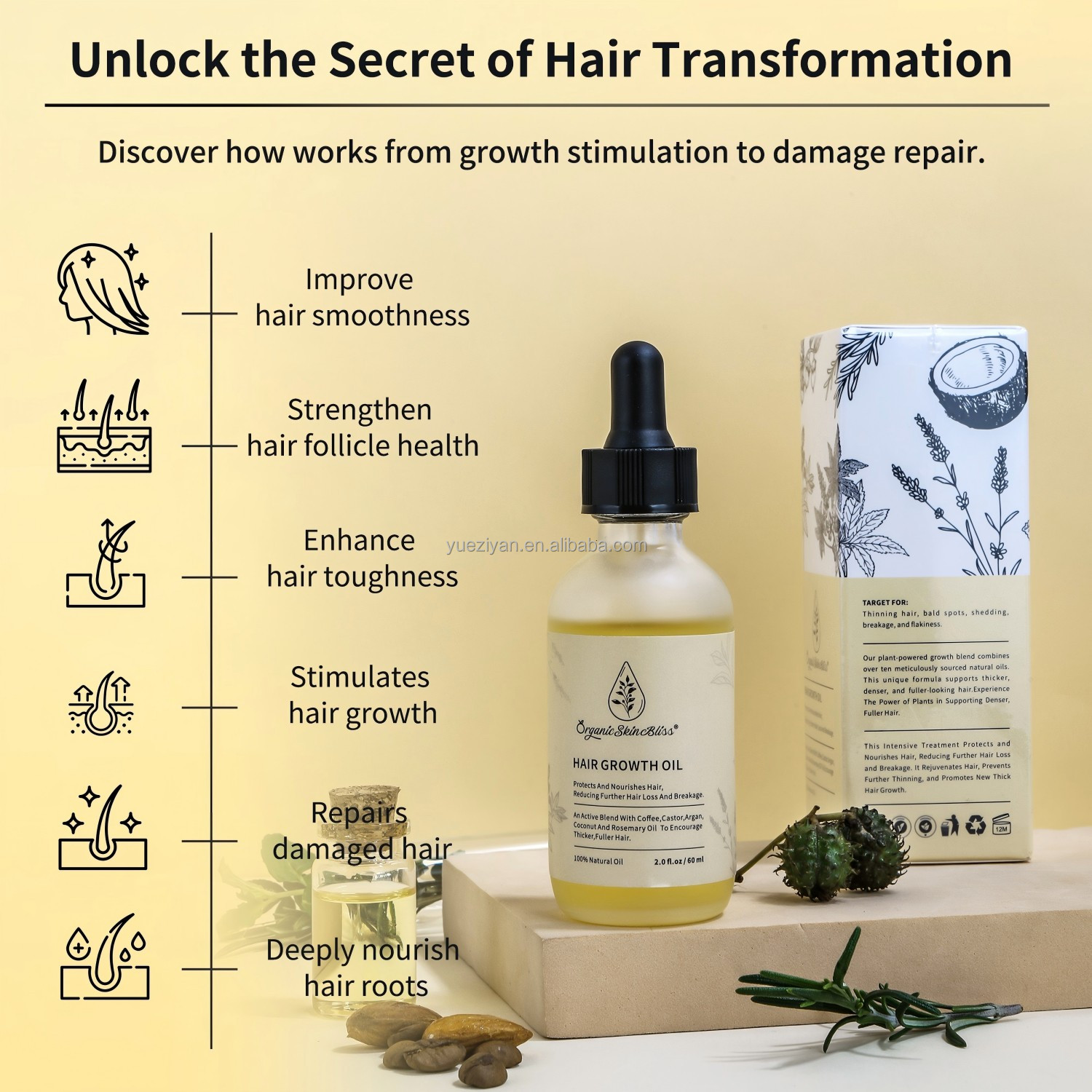Custom Logo 60 ml Hair Growth Oil Private Label Vegan Organic Argan Rosemary Oil Hair Growth for Anti Loss Regrowth Scalp Care