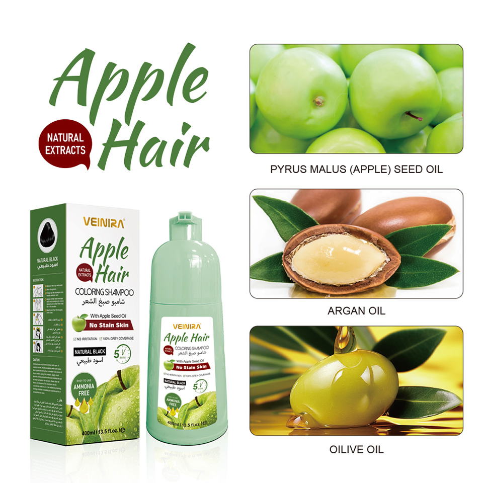Herbal Apple Black Hair Shampoo for Natural Gray Coverage Ammonia Free Professional Coloring Dye
