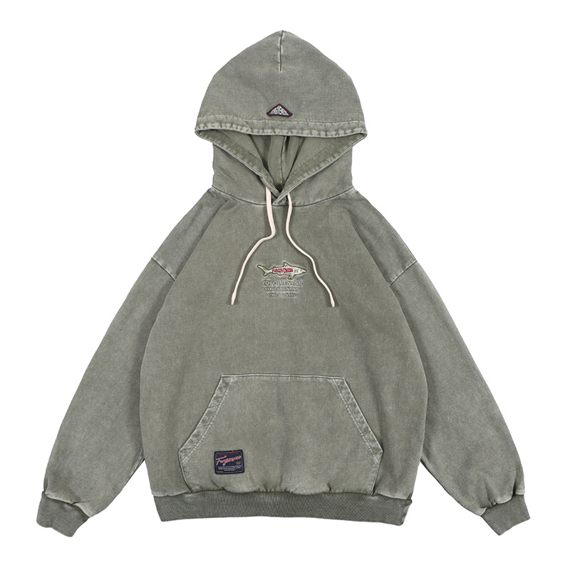 Fashion Brand Heavy Industry American Style Unisex Vintage Water Washed Logo Embroidered High Street Hoodie